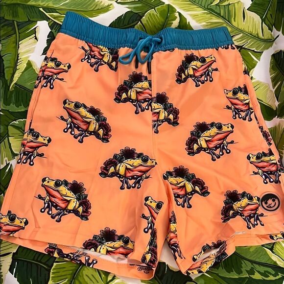 NEFF Orange Frog Print Swim Board Shorts - Picture 1 of 4
